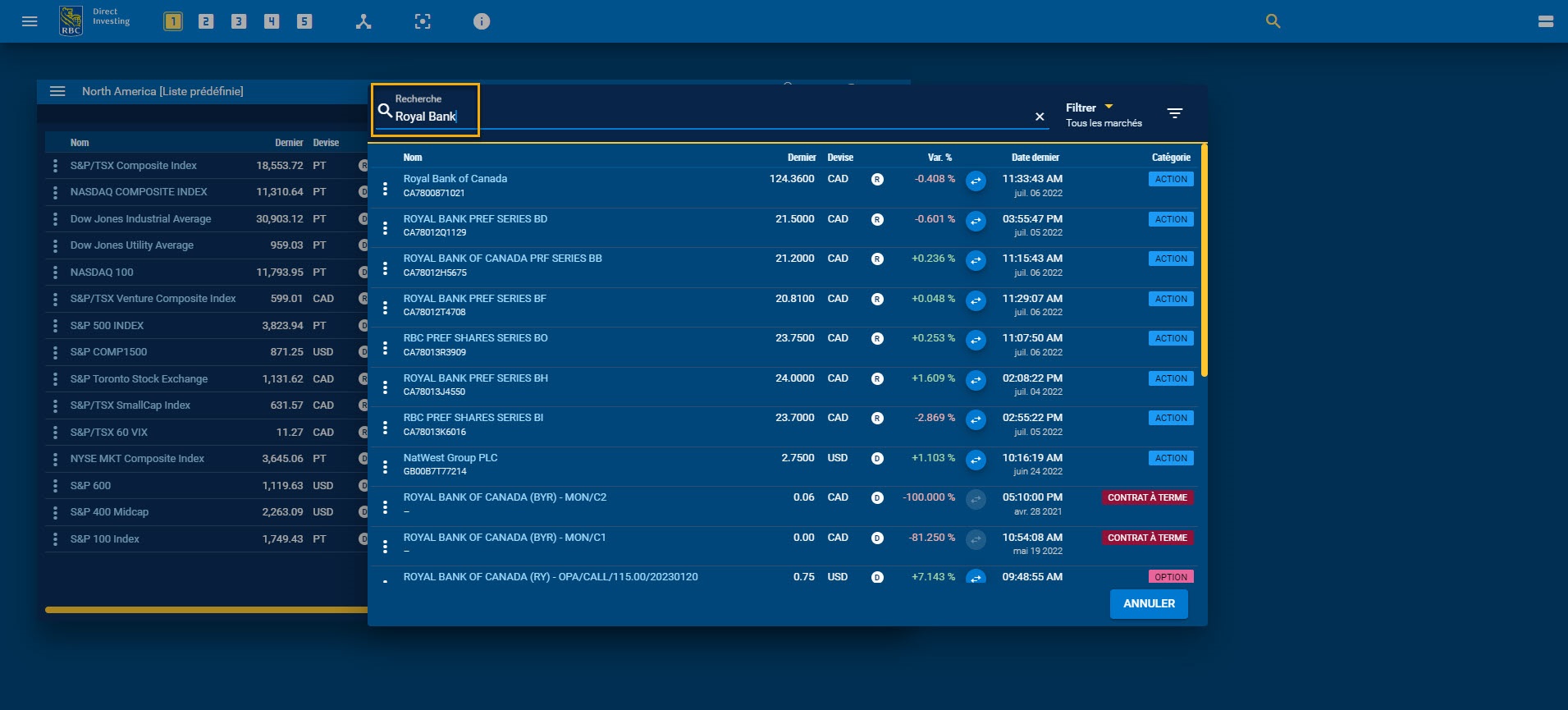 Saisie du nom de la société dans la barre de recherche du Tableau de bord des opérations